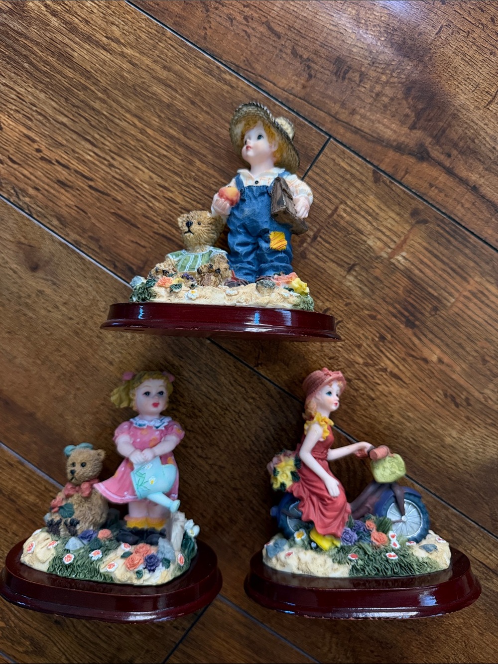 Vintage Hand-Painted Figurine Trio - Blue, Pink, Red, Brown